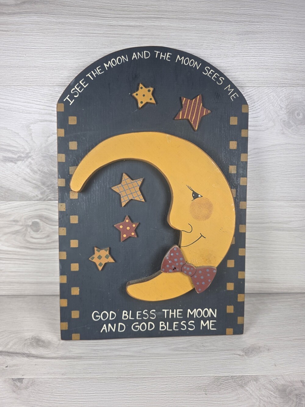 Children's Nursery Painted Wood Wall Plaque Raised Moon and Stars Folk Art SU65